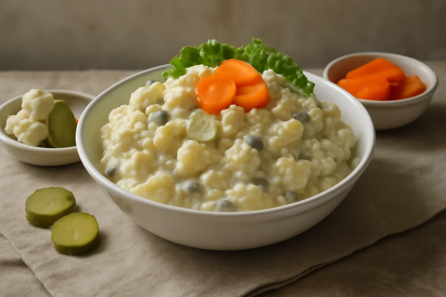 Salată de cartofi cu conopidă murată, castraveți acri și maioneză
