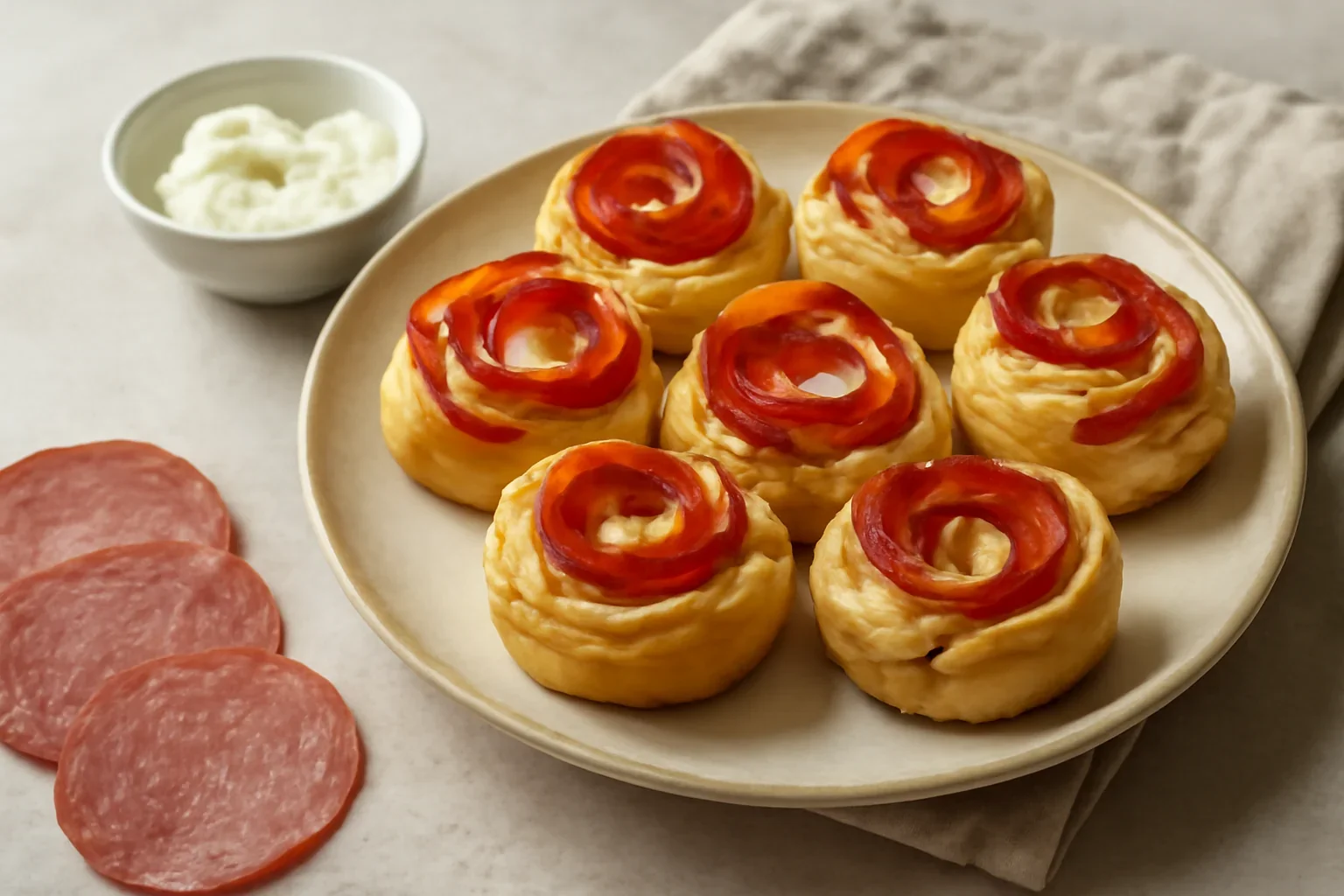 Trandafiri aperitiv din foietaj cu salam si branza