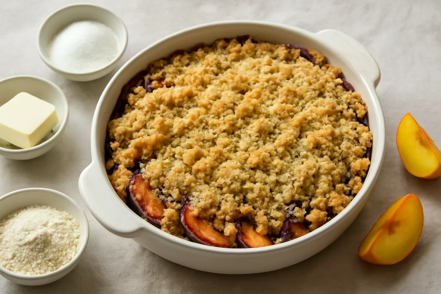 Crumble cu prune si piersici, reteta simpla si rapida