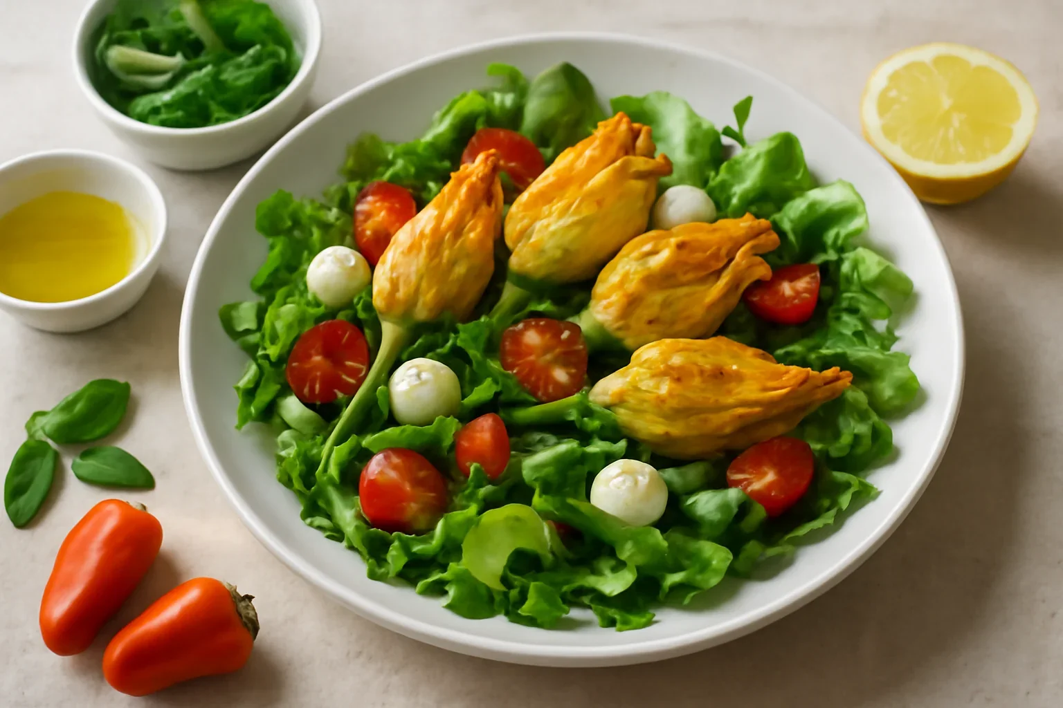 Salată cu flori de dovlecei umplute cu brânză ricotta