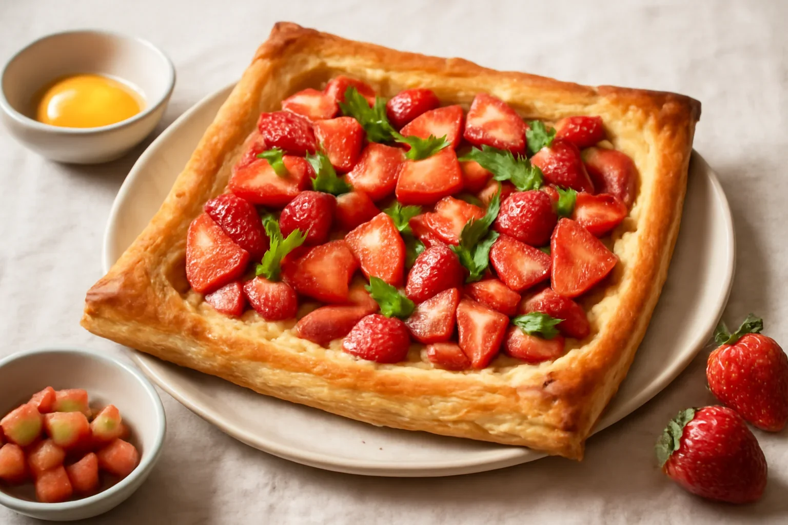Tarte cu cremă de vanilie, căpșuni și rubarbă