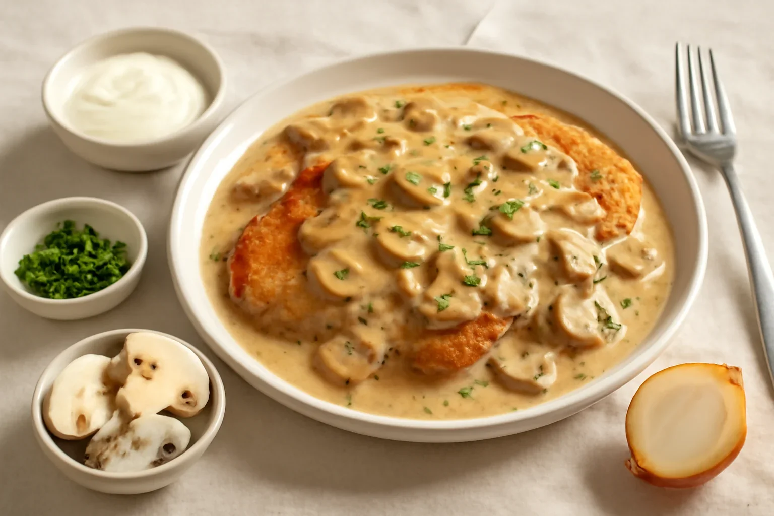 Șnițel cu sos de smântână și ciuperci – rețeta de Rahmschnitzel