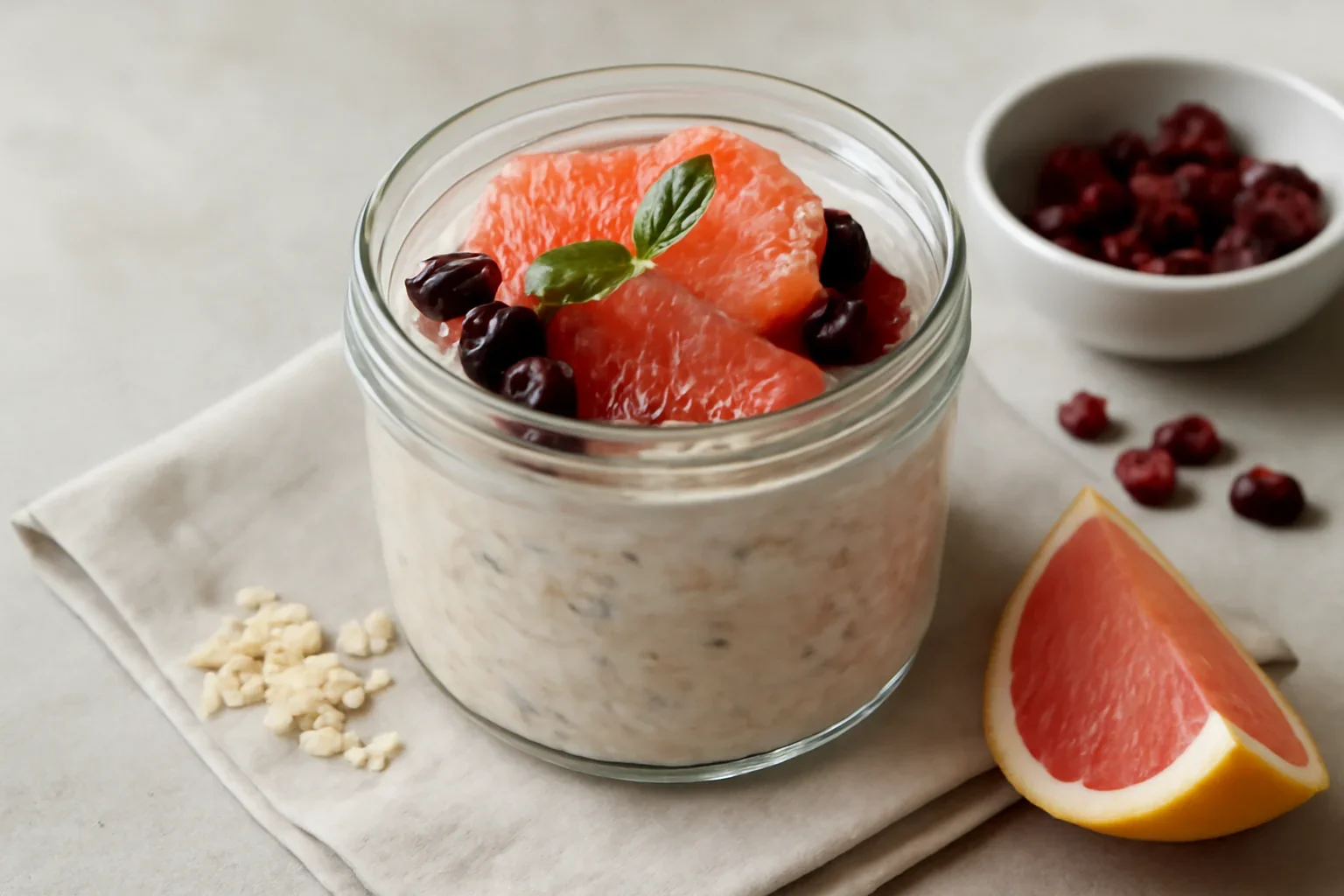 Fulgi de ovaz cu grepfruit roz si merisoare – Overnight oats