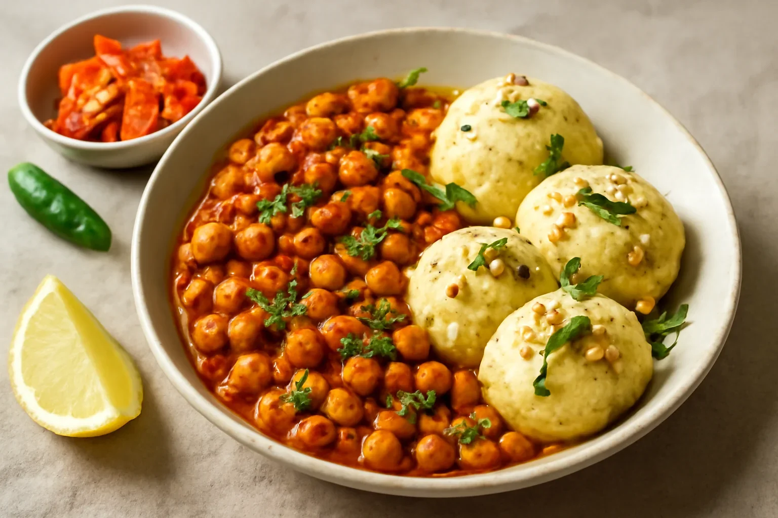 Chana masala, curry vegetarian cu naut si galuste de gris