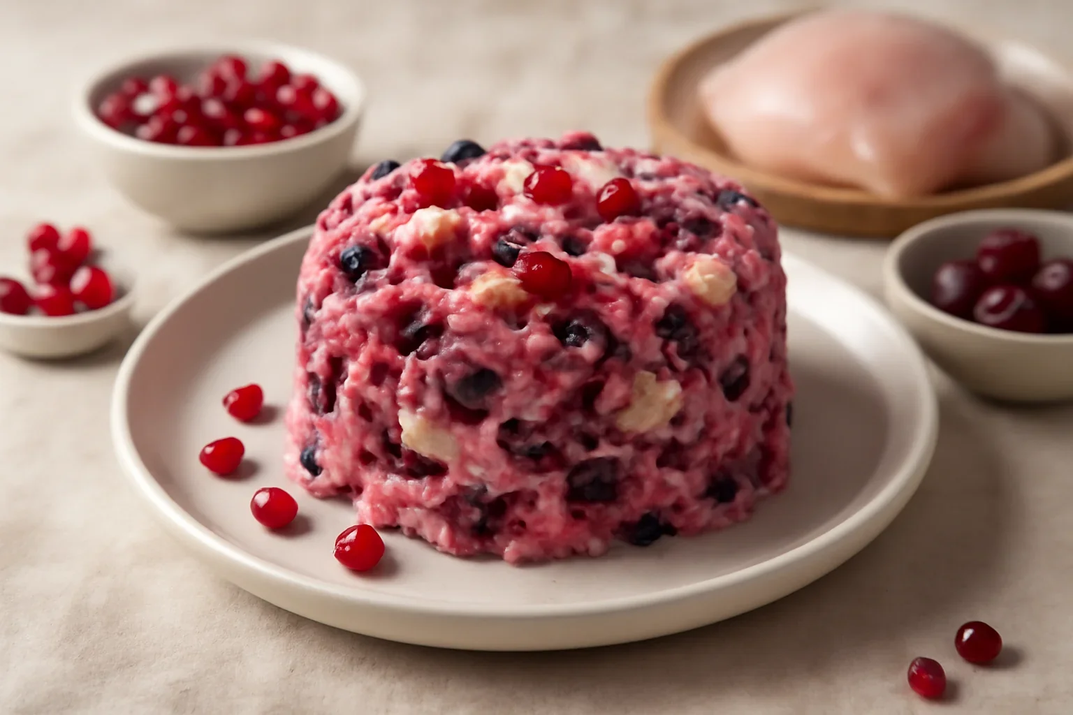 Salata cu piept de pui, sfecla rosie, rodie si fructe uscate