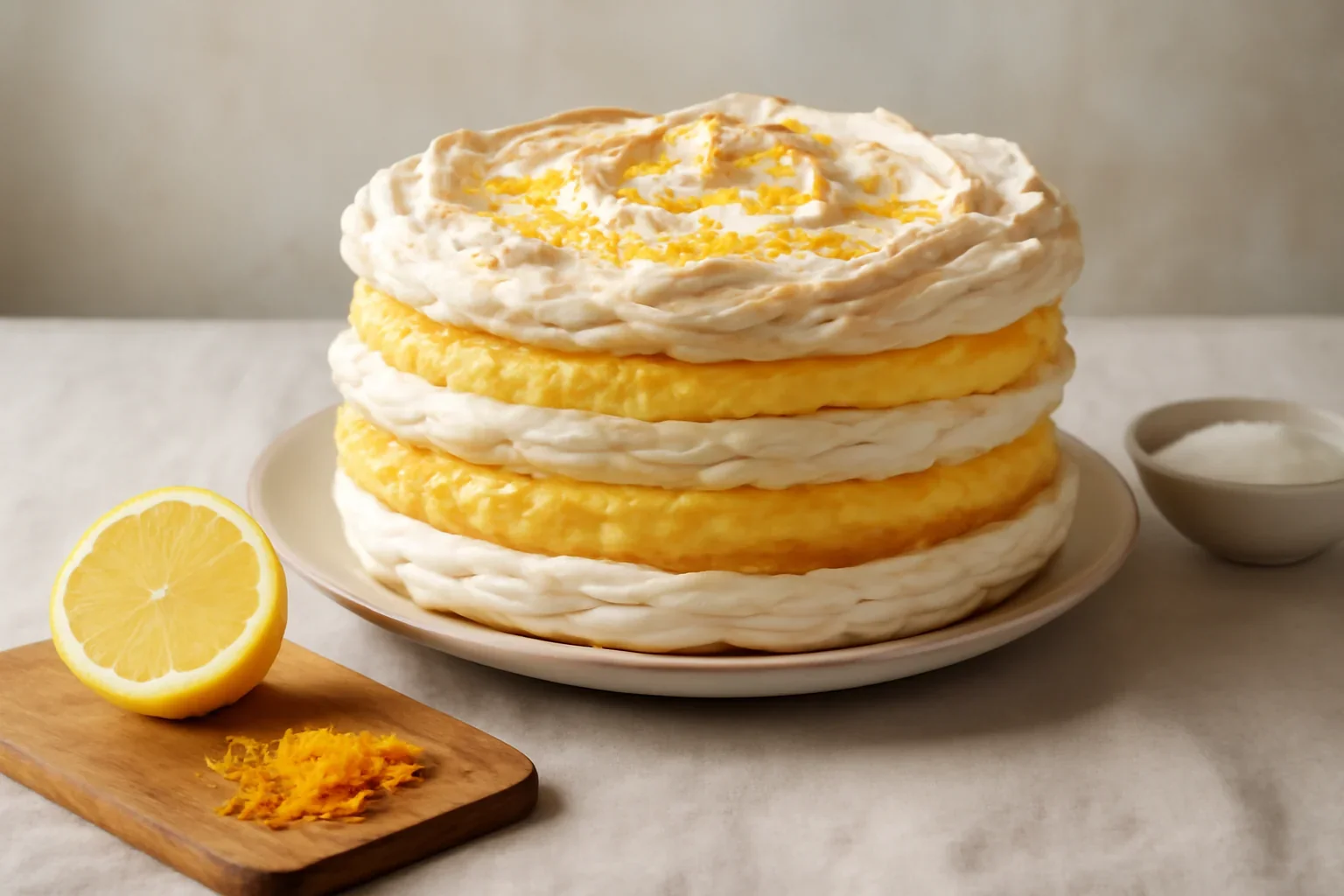 Tort de bezea cu cremă de lămâie și cremă de portocale