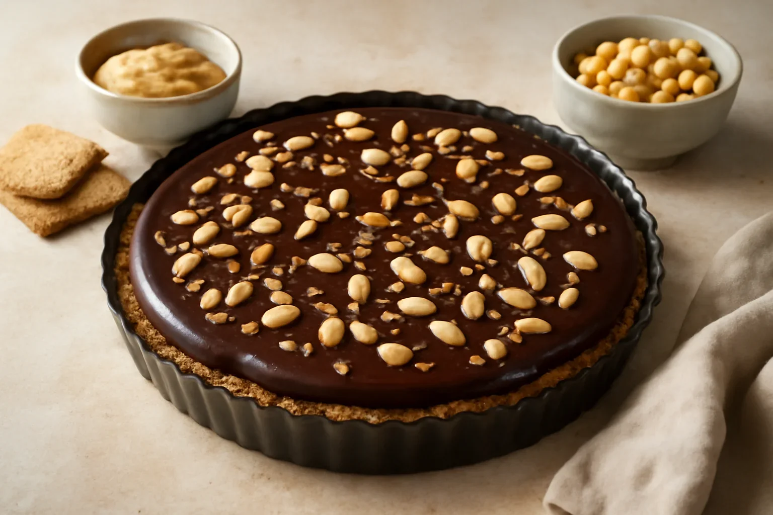 Tartă Snickers fără coacere – prăjitură cu sos caramel, ciocolată și arahide