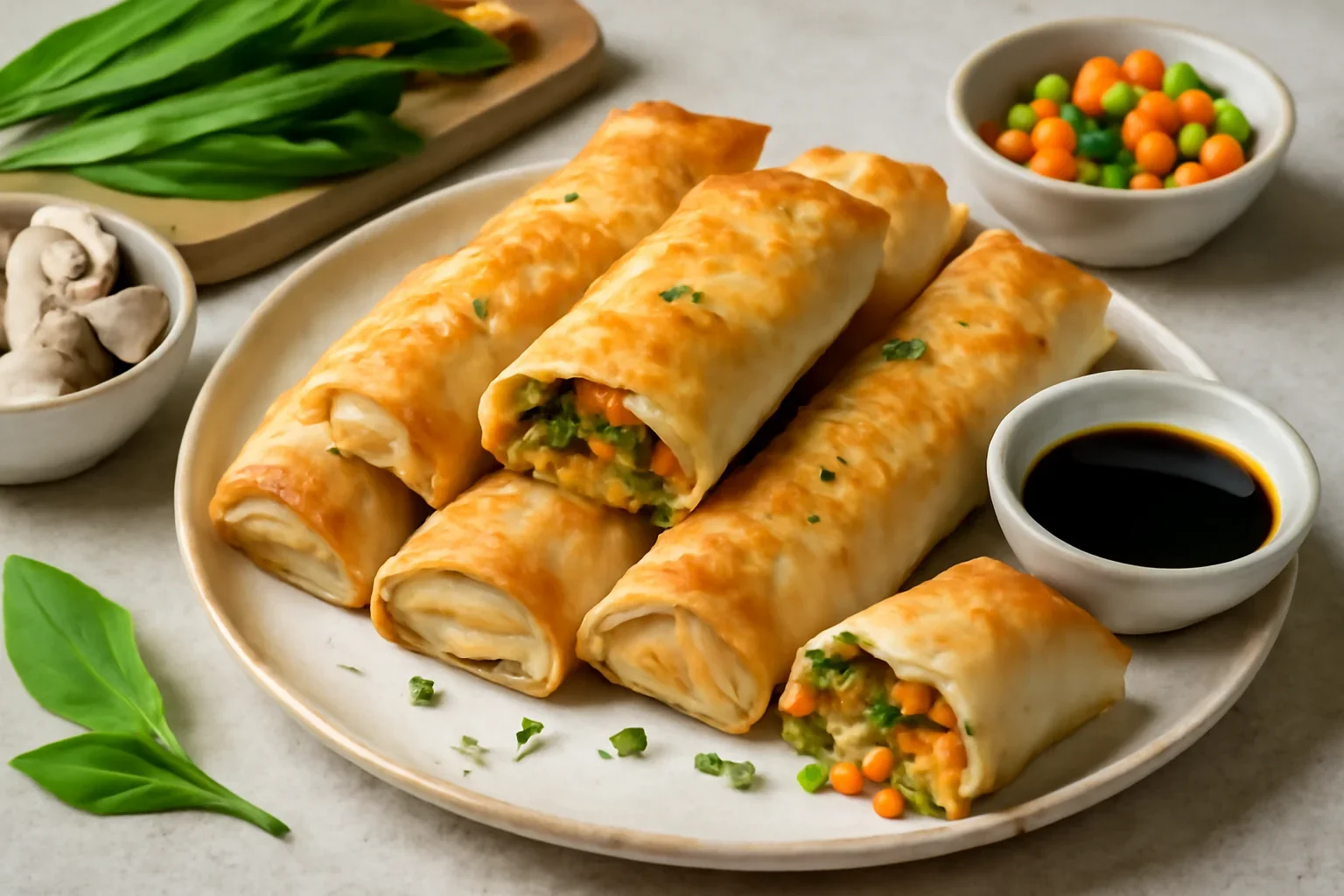Rulouri de primavara cu pui, legume si leurda sau usturoi reteta de spring rolls la cuptor