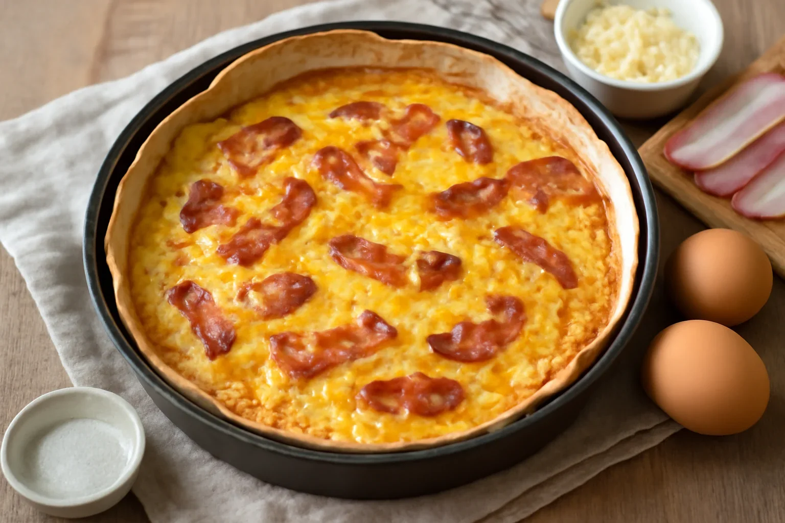 Omletă în lipie sau tortilla – rețeta de omletă la cuptor cu cașcaval și șuncă sau bacon