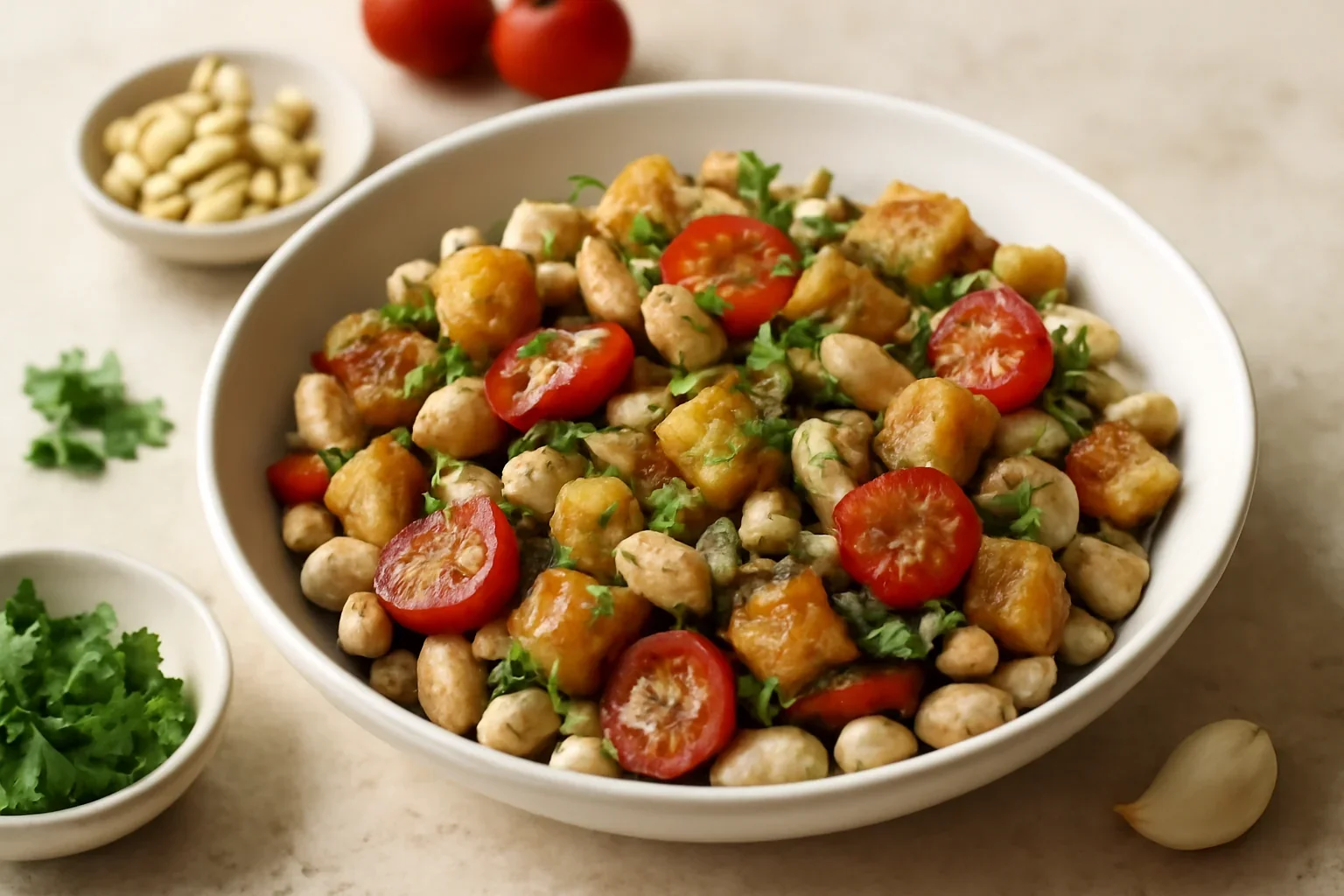 Salata de fasole boabe cu rosii cherry si crutoane