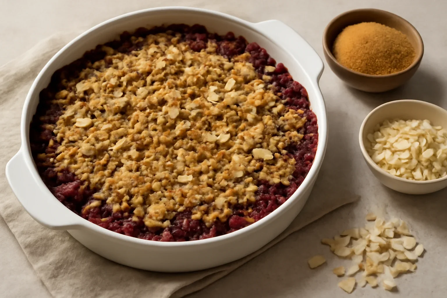 Prajitura crumble cu visine si fulgi de ovaz