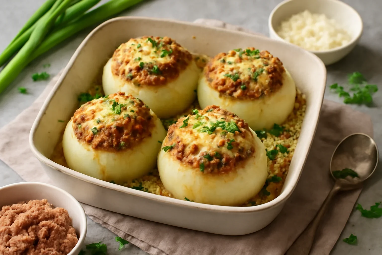 Ceapă umplută cu carne tocată și cașcaval – la cuptor