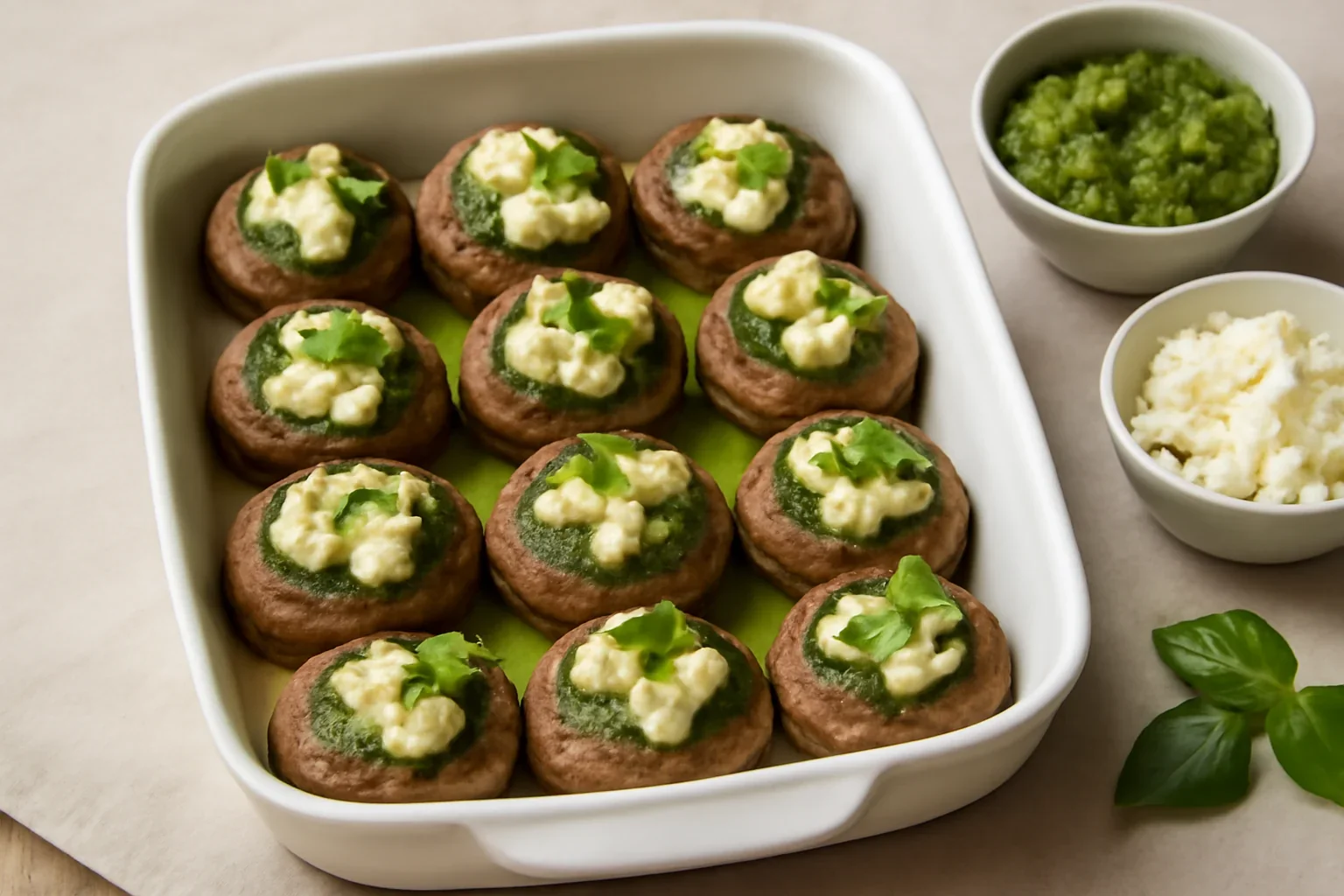 Ciuperci umplute cu branza si pesto la cuptor