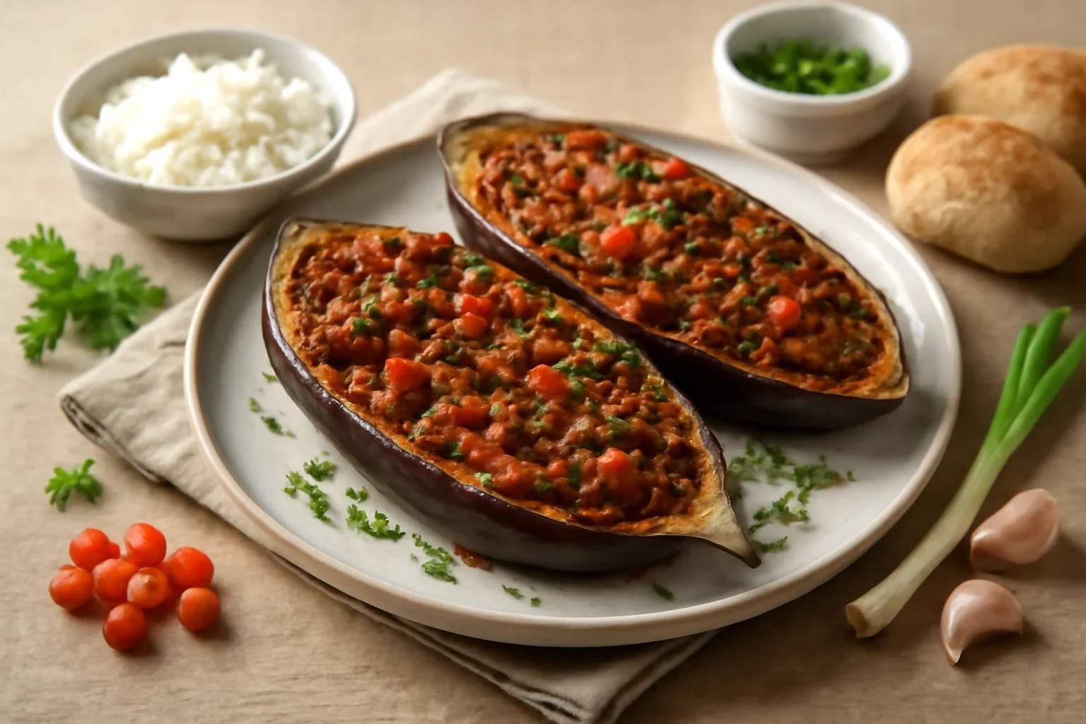 Vinete umplute cu carne tocata și legume la cuptor