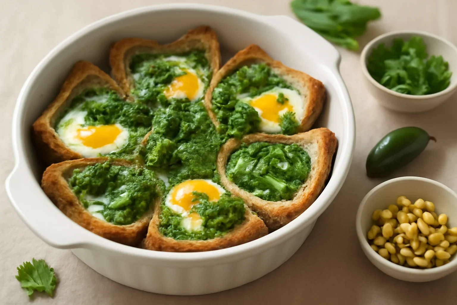 Ouă coapte cu pesto de mentă și coriandru