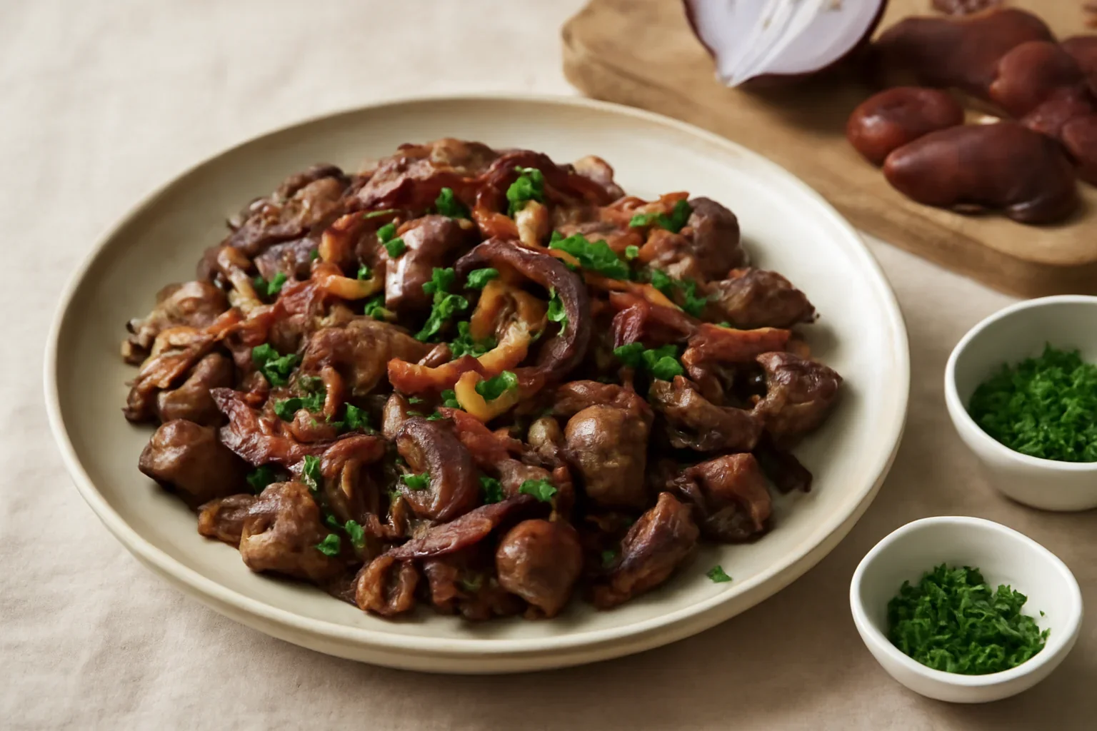 Ficăței de pui cu ceapă caramelizată și bacon