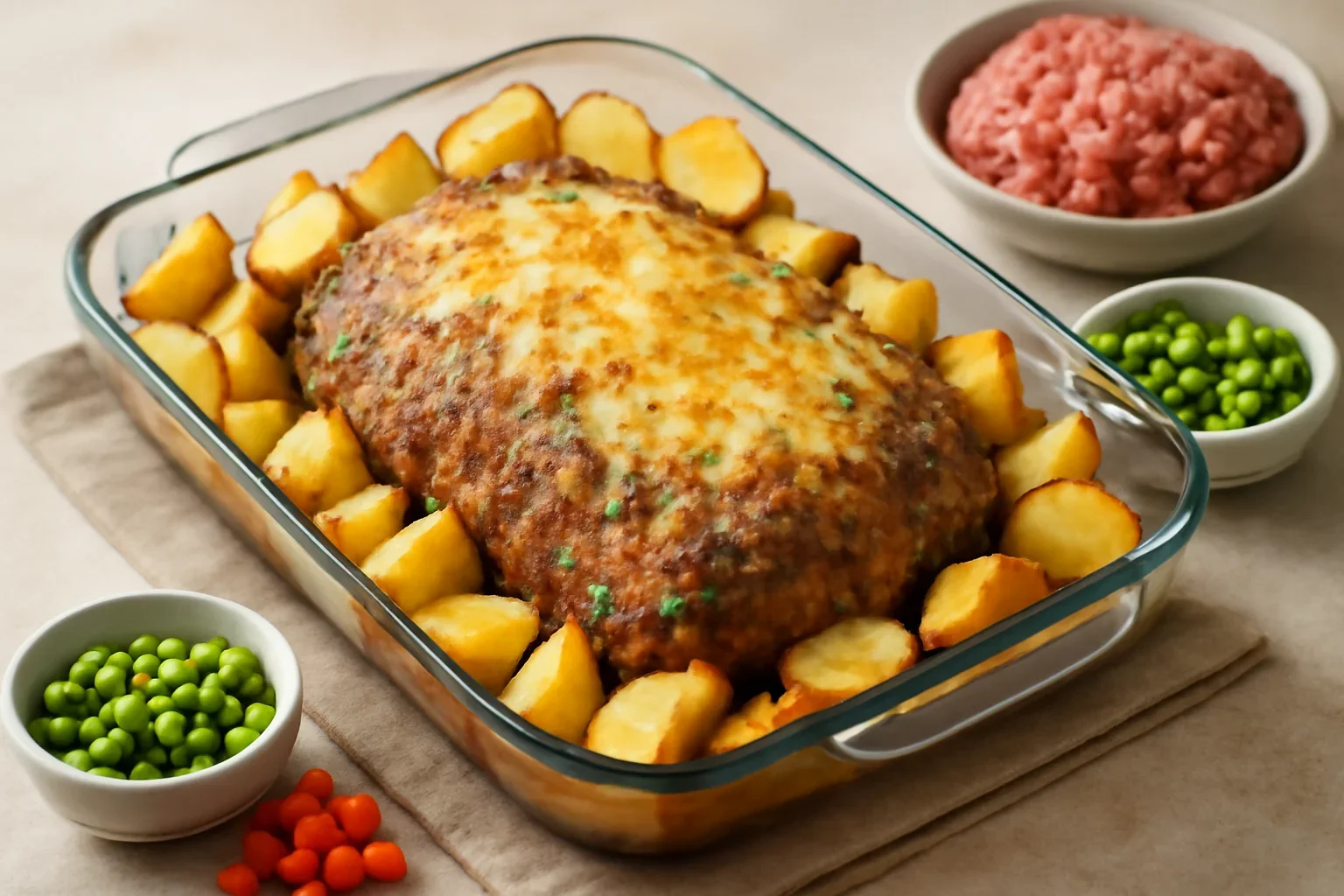 Chiftea coapta la tava cu legume, branza si cartofi aurii