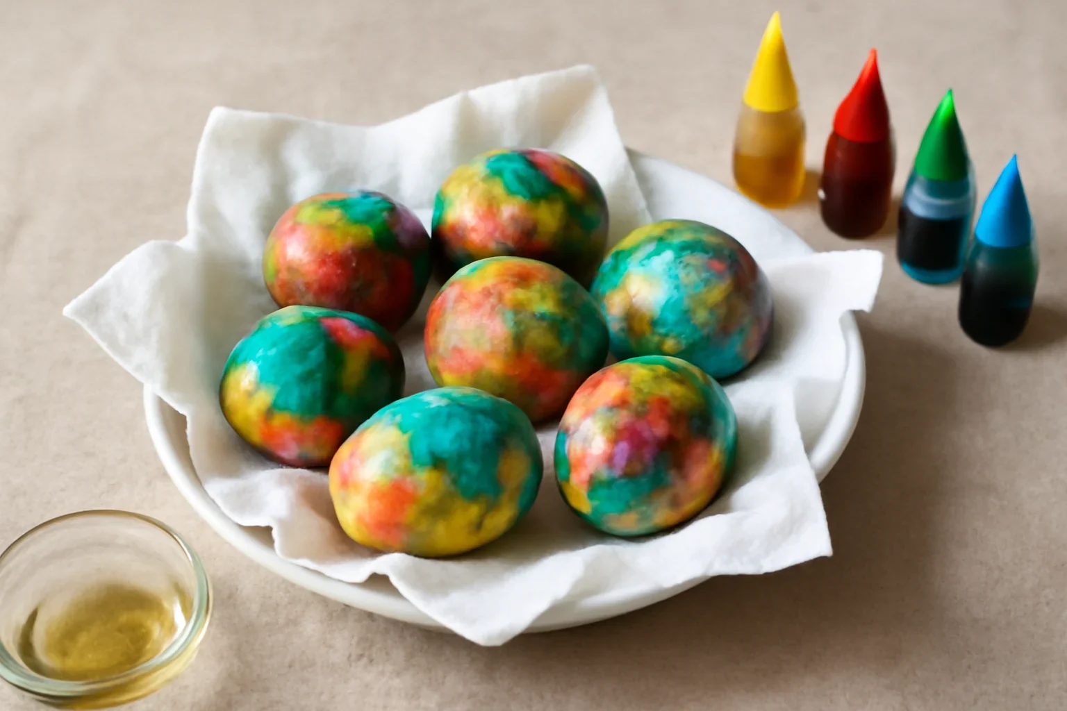 Ouă vopsite cu colorant alimentar și șervețele