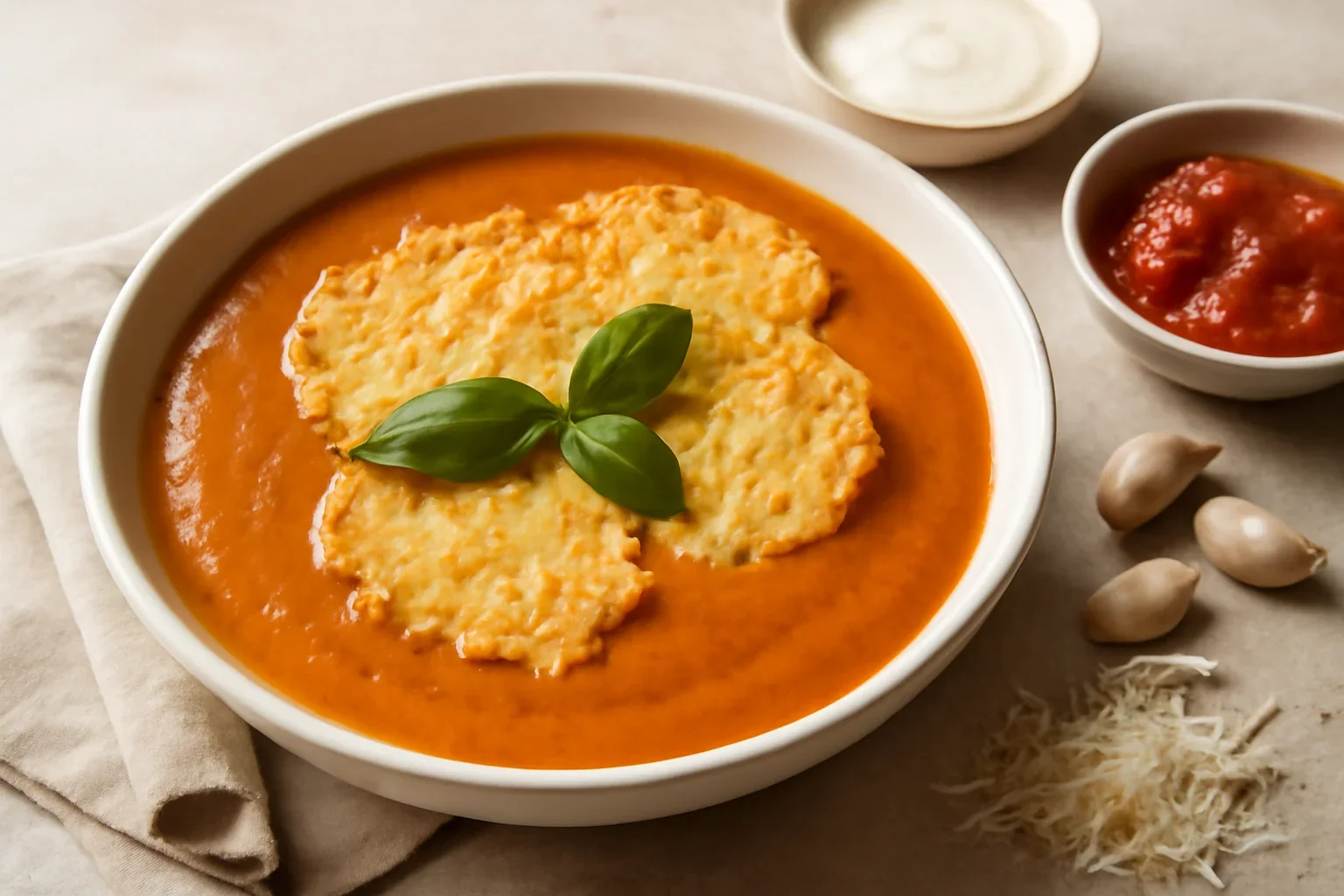 Supa crema de rosii coapte cu chipsuri de parmesan