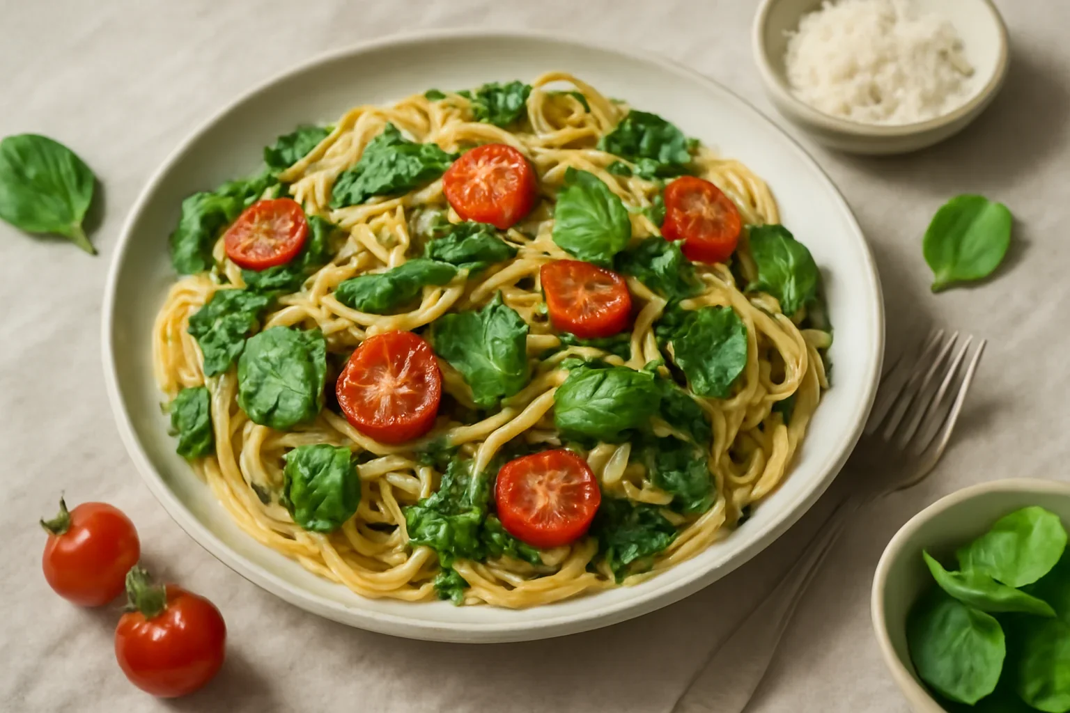 Spaghetti cu spanac si rosii
