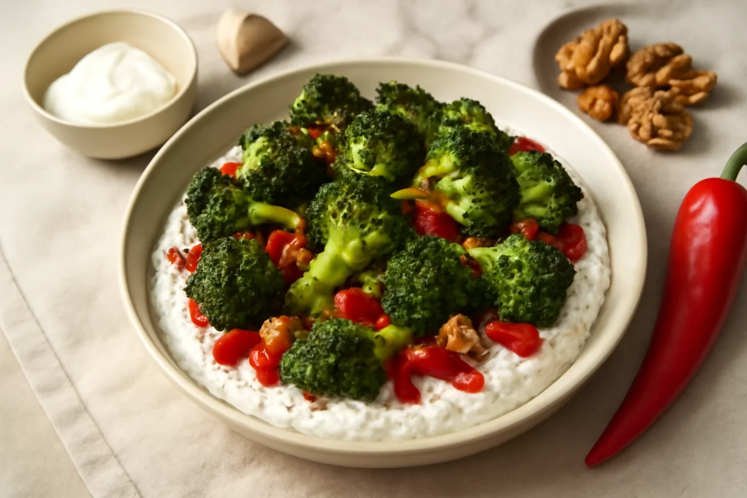 Salată de broccoli prăjit cu iaurt grecesc și ardei