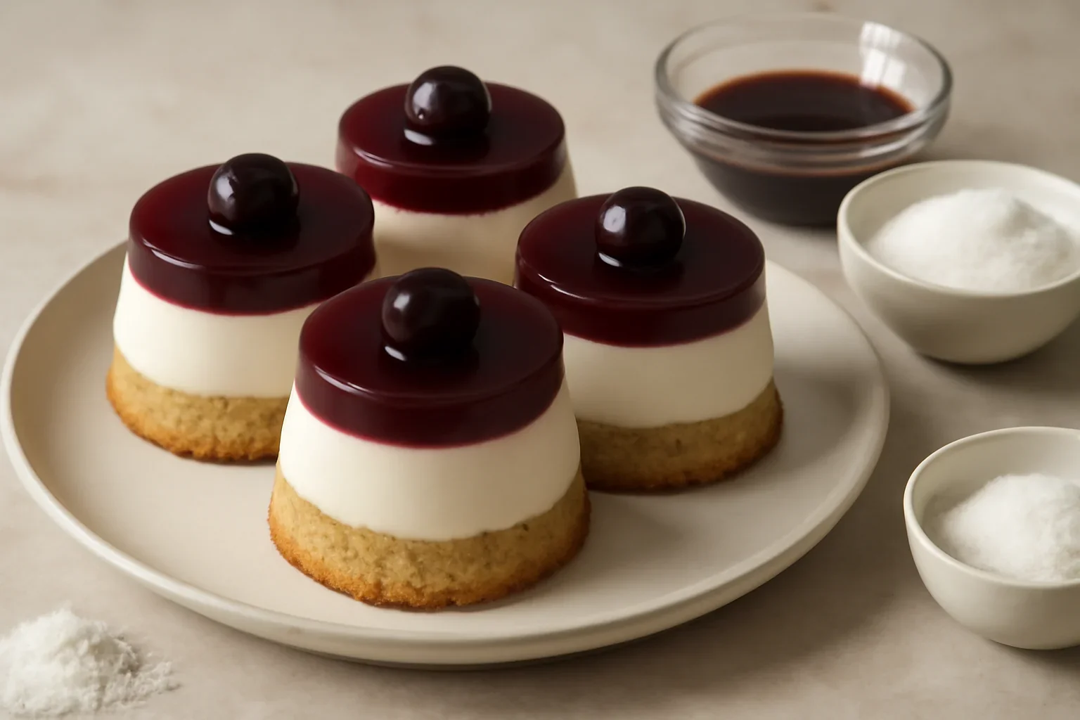 Mini torturi cu panna cotta si jeleu din cirese amare si visine
