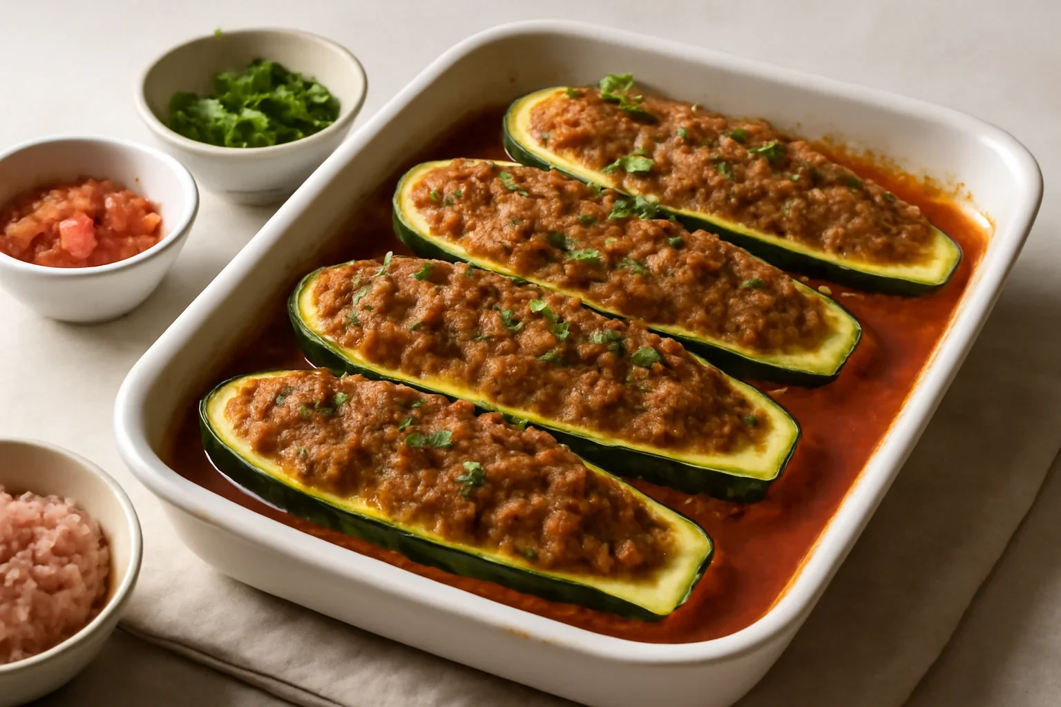 Dovlecei umpluți cu carne tocată și sos de roșii – la cuptor