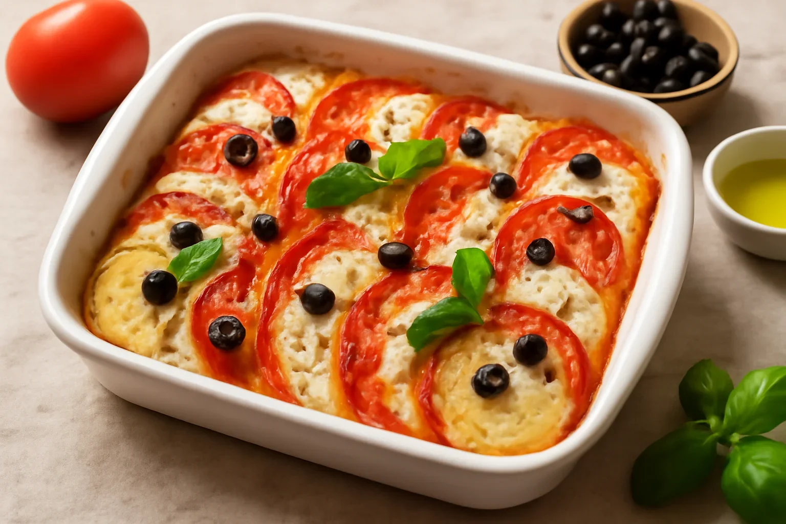 Caprese cu cartofi, rosii si mozzarella la cuptor
