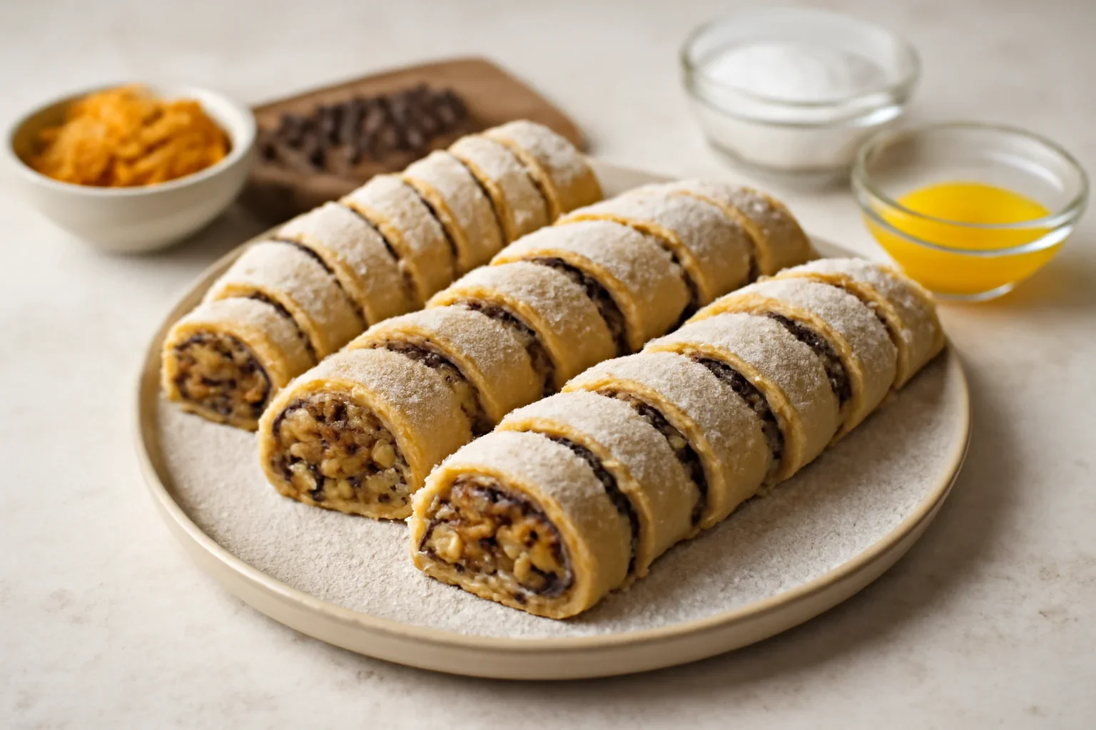 Fursecuri rugelach cu fructe confiate sau deshidratate și ciocolată – rețeta de cornulețe la metru + VIDEO