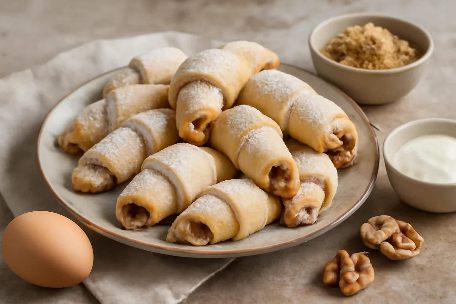 Cornulețe fragede cu unt și smântână – umplute cu nucă și gem