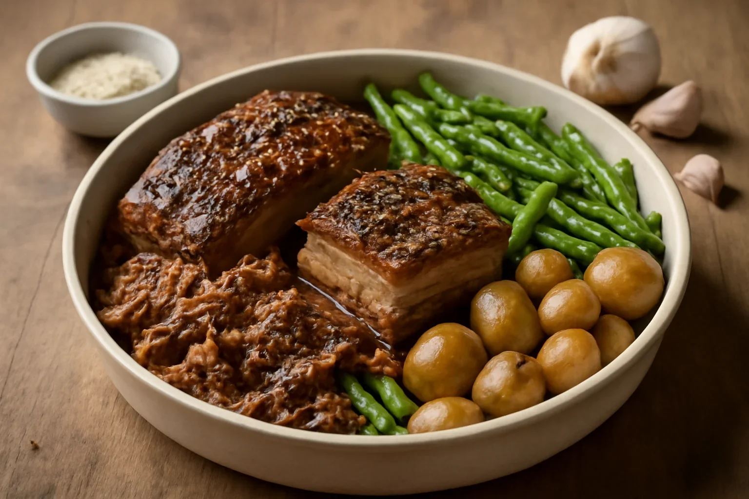 Porc marinat gătit lent, cu garnitură de legume