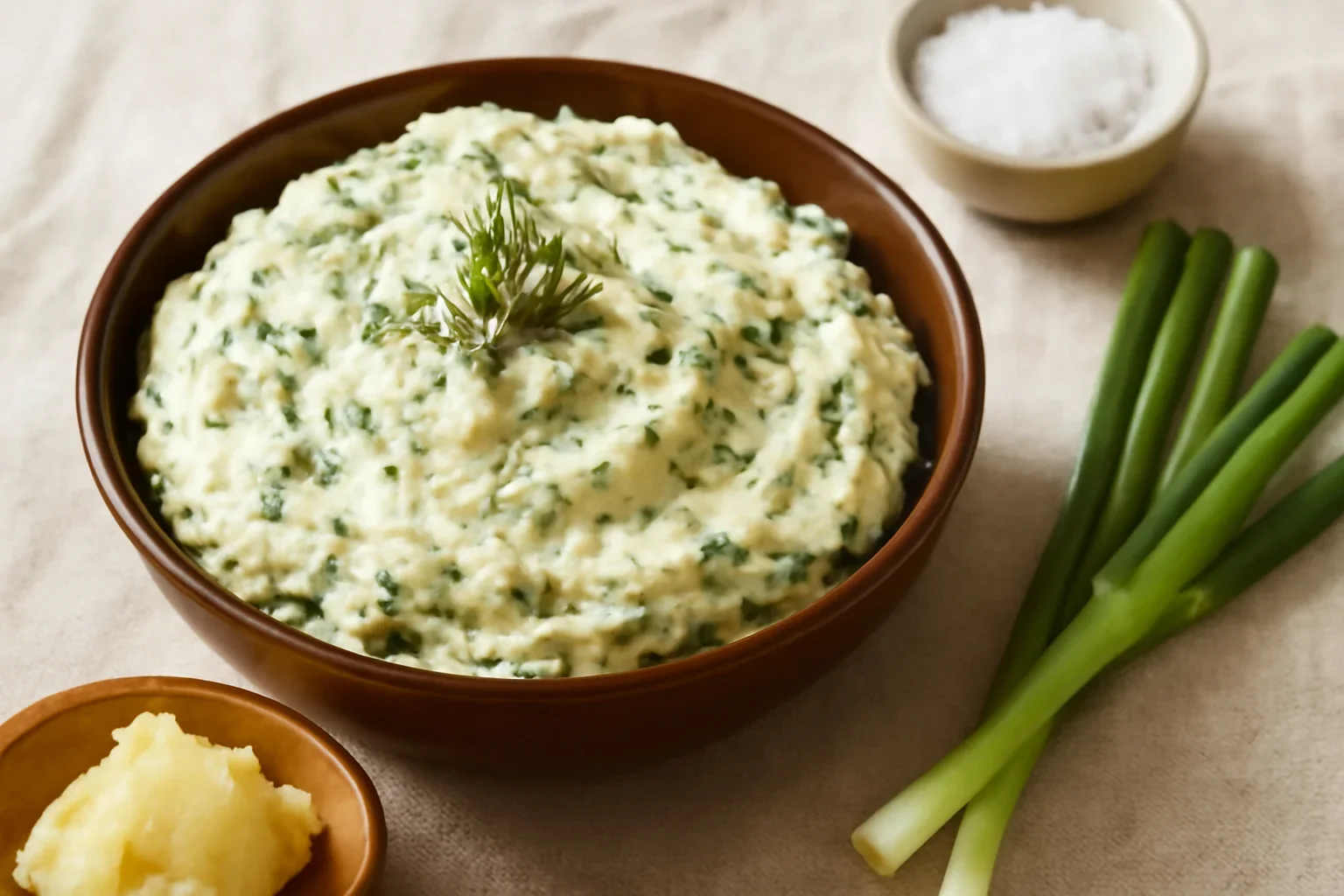 Cremă de brânză de burduf, frământată, caș sau telemea cu ceapă verde și mărar sau pătrunjel