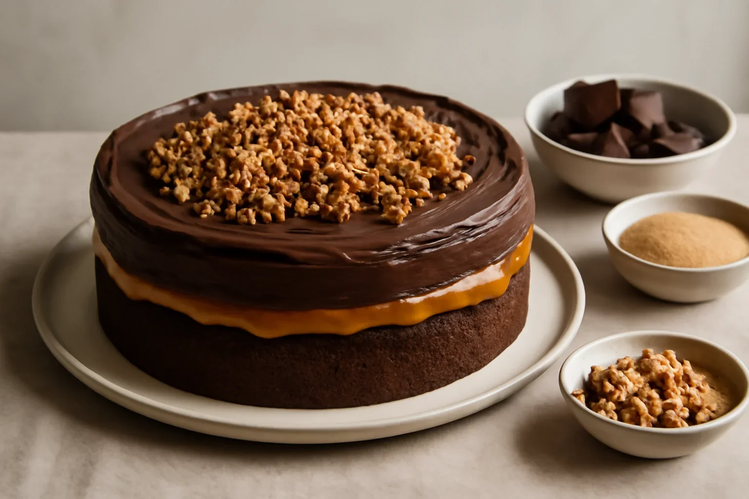 Tort de ciocolată cu ganache, caramel și pralină de nuci