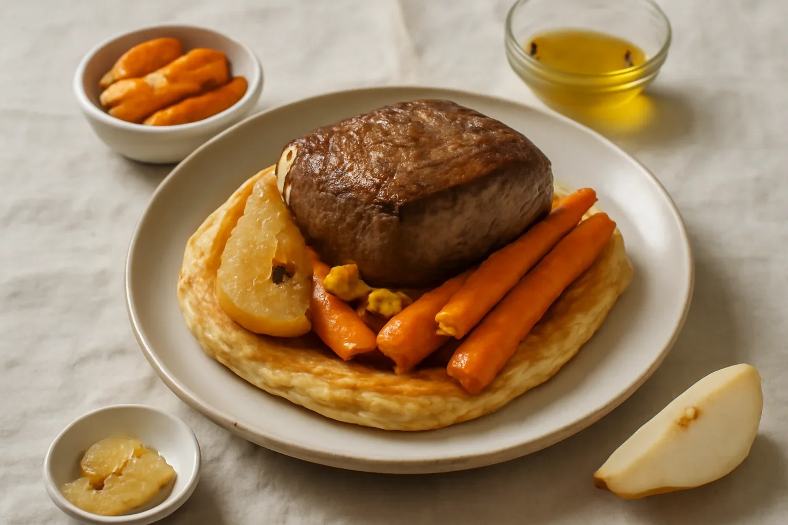 Muschi de vita cu pere, morcovi si ghimbir caramelizat, pe pat de foietaj