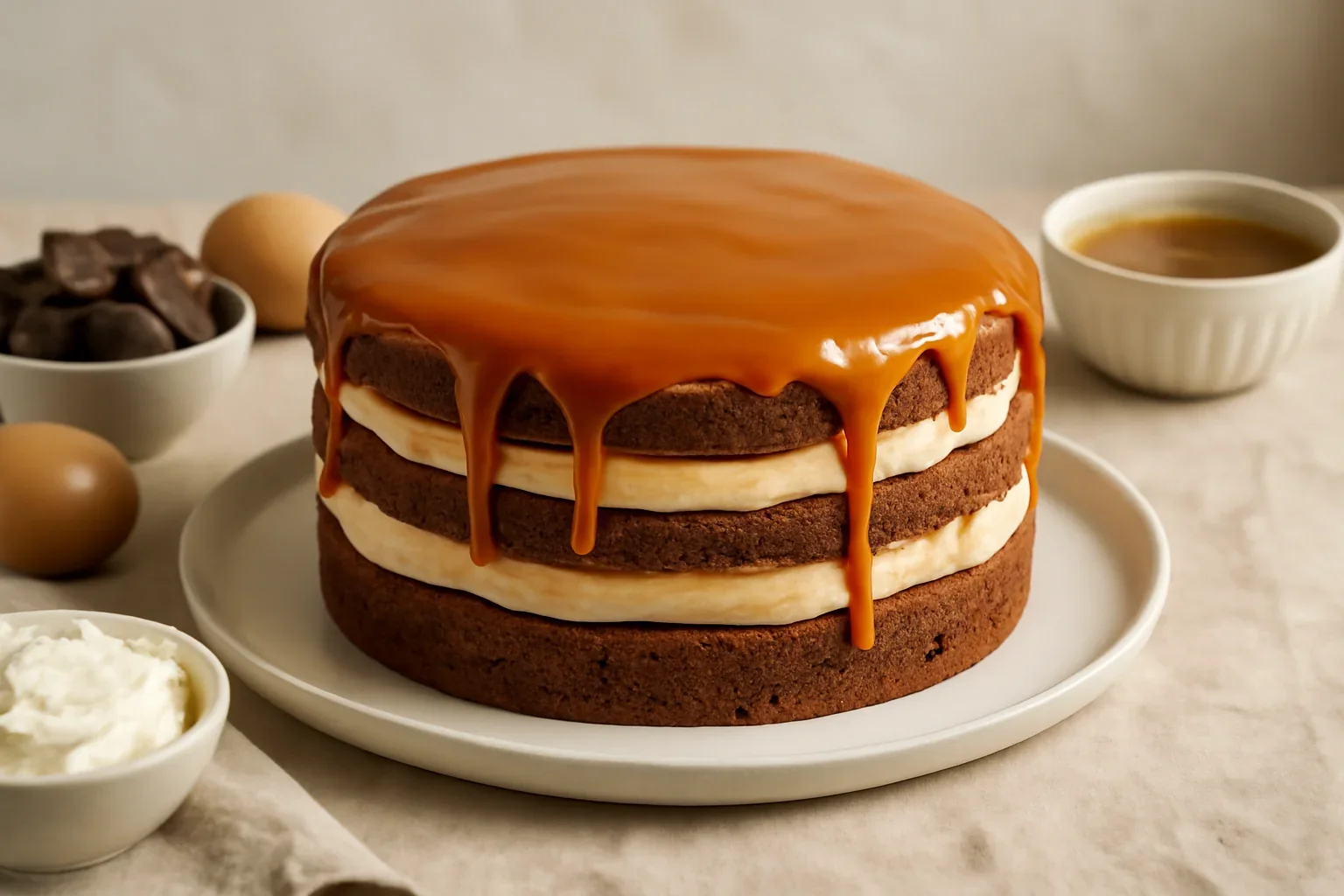 Prajitura Caramel cu foi de cacao, ciocolata si crema caramel