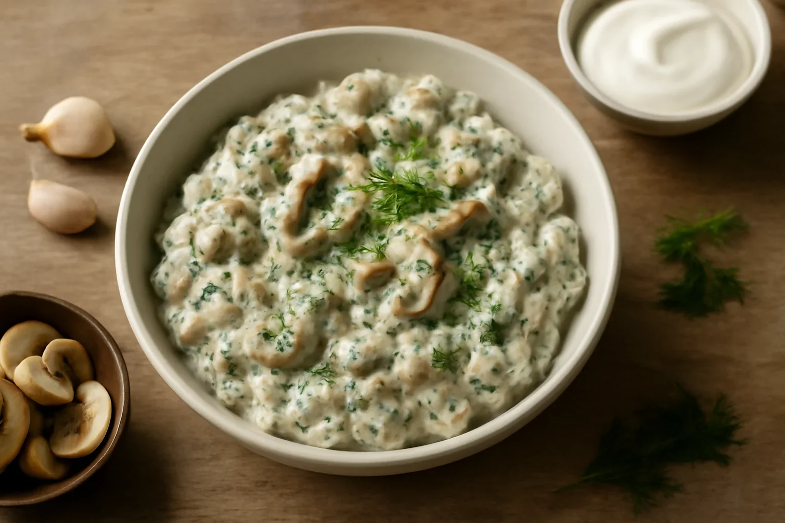 Salata de ciuperci cu maioneza, iaurt si usturoi
