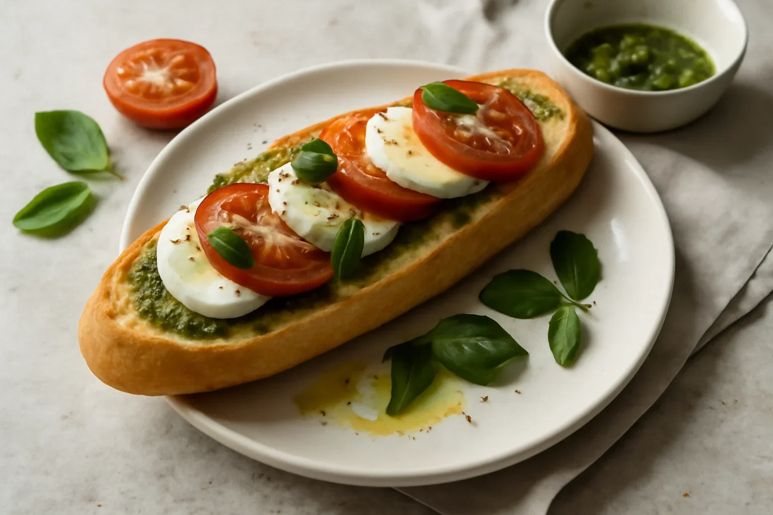 Bagheta cu sos pesto, mozzarella si rosii