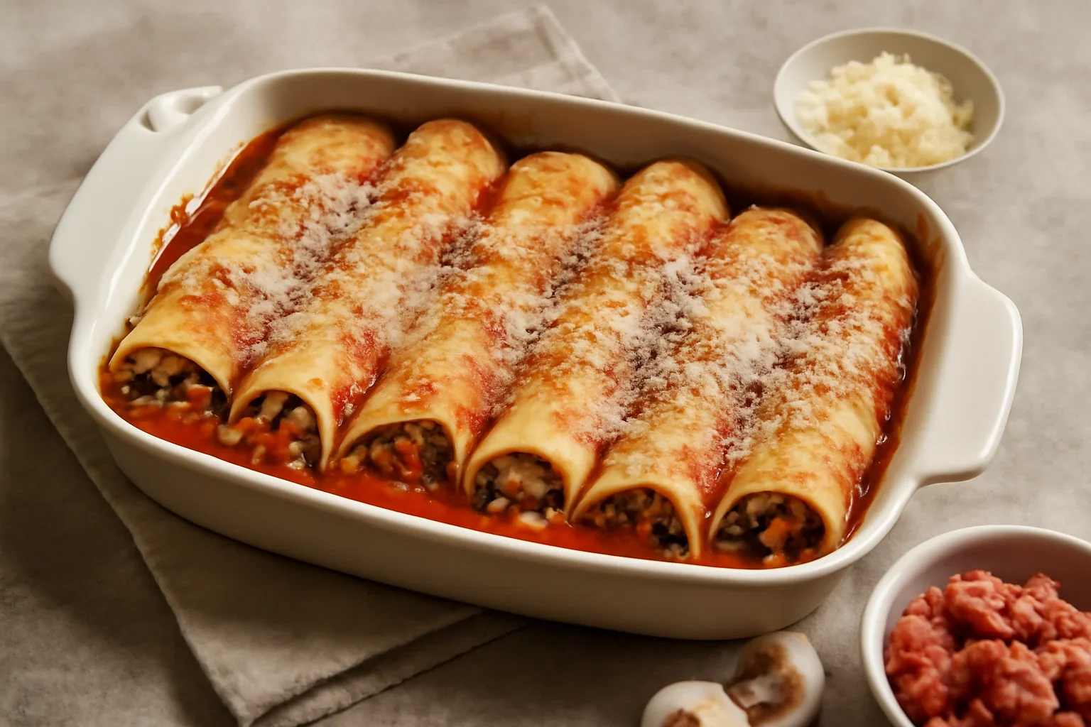 Clatite umplute cu ciuperci si carne la cuptor