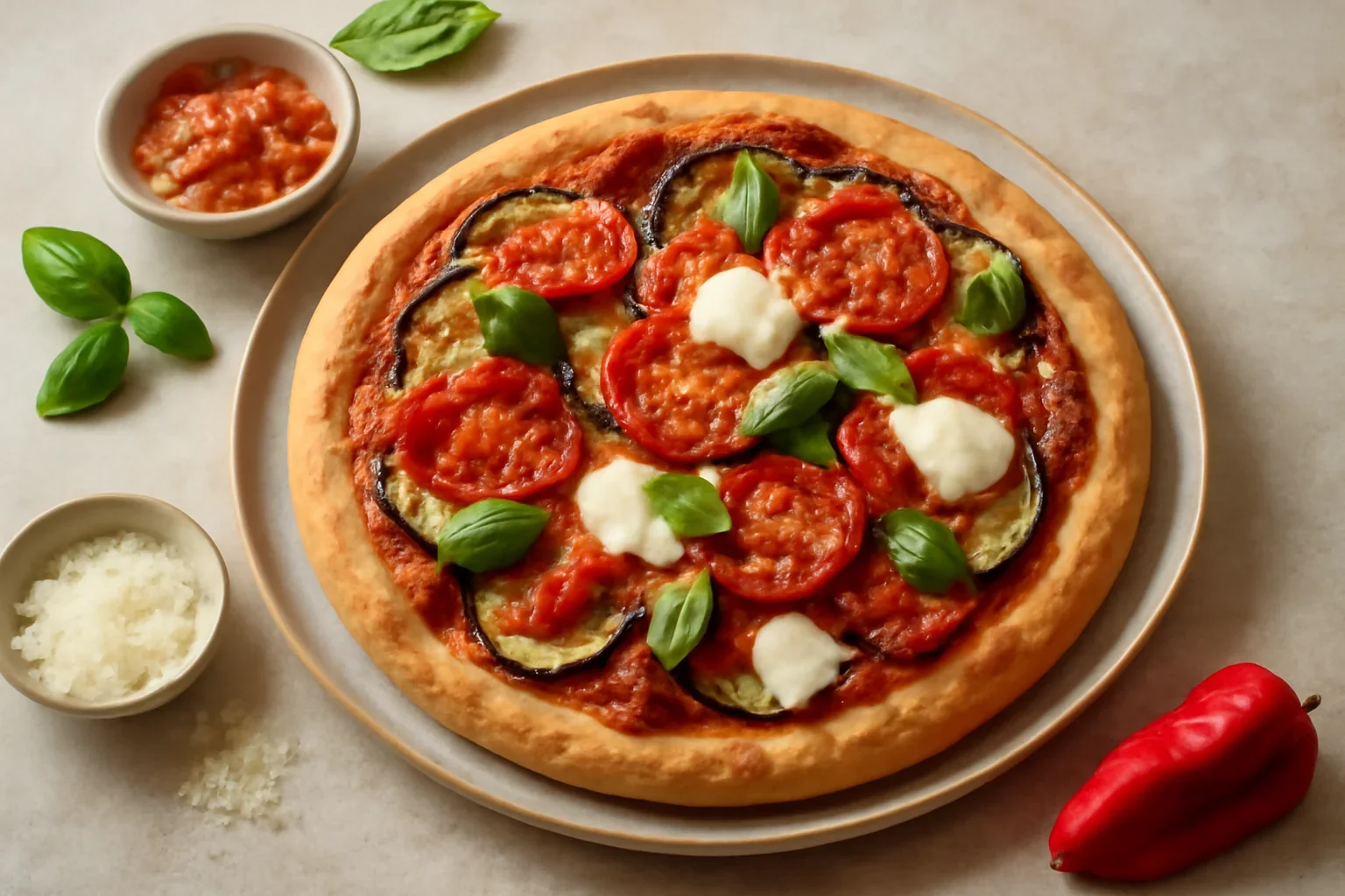 Pizza cu vinete, ardei copt si mozzarella – reteta vegetariana