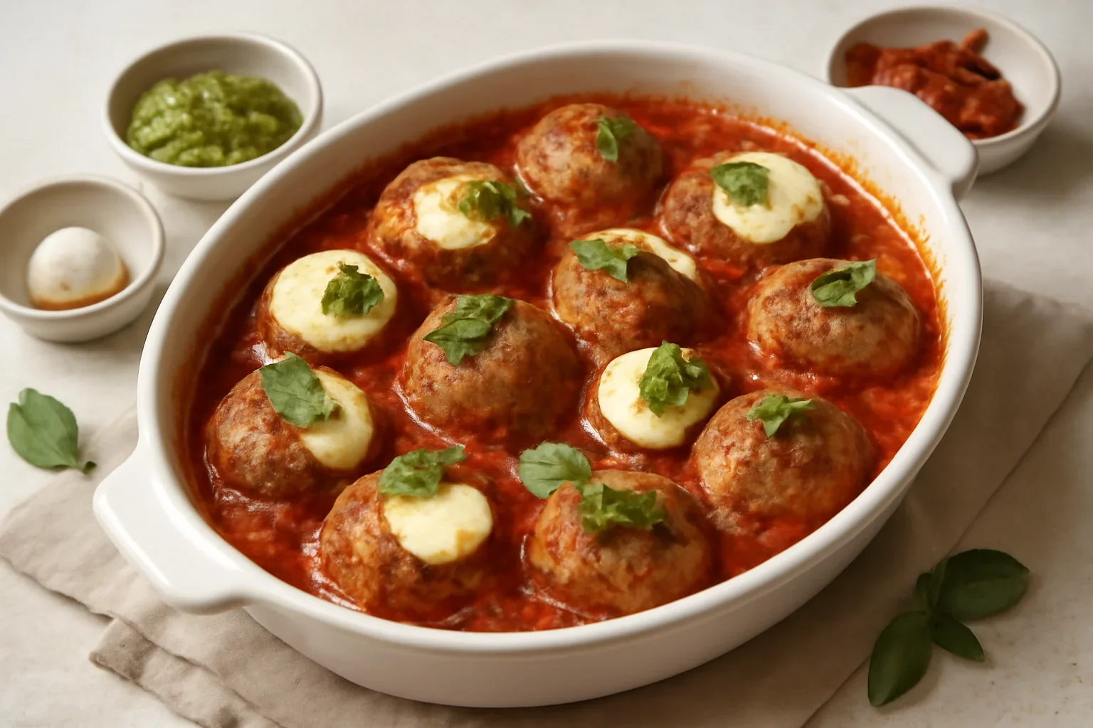 Chiftele italienești cu mozzarella, pesto și sos de roșii – la cuptor