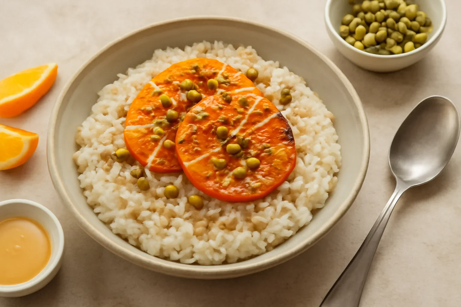 Orez cu lapte cu portocală caramelizată, fistic și tahini