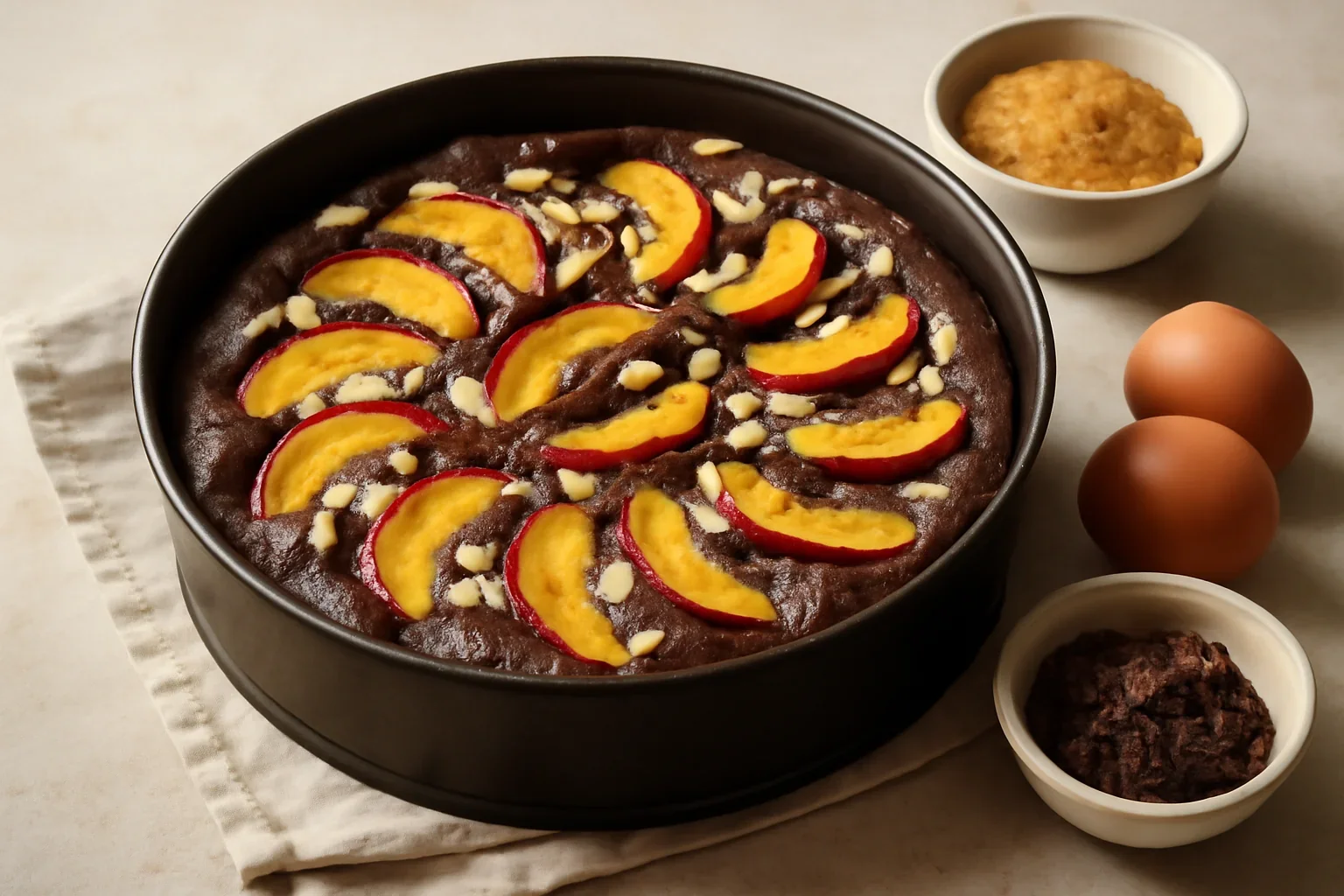 Tort cu ciocolata, nectarine și migdale