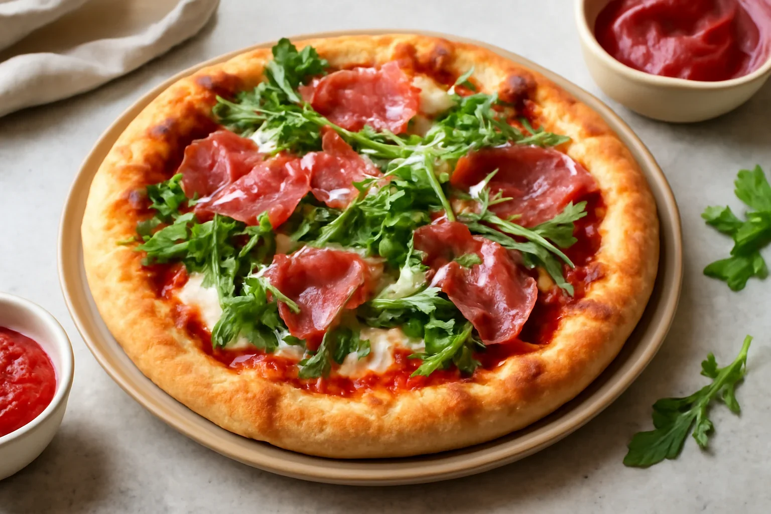 Pizza martinese cu rucola și capocollo de mangaliță (coppa sau ceafă crud-uscată)