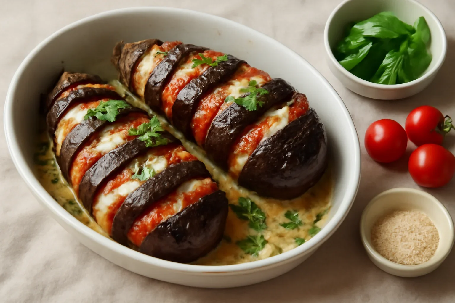 Vinete alla caprese cu mozzarella și roșii – crestate și gratinate (la cuptor)