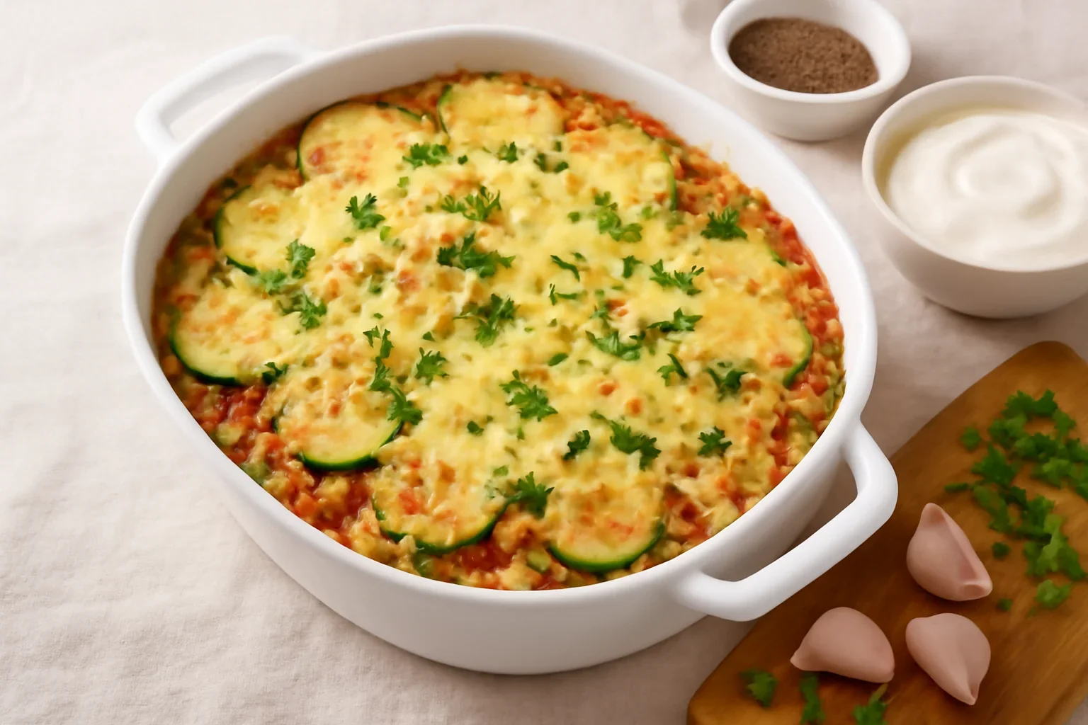 Musaca de dovlecei dietetică – rețeta cu carne de pasăre și cașcaval