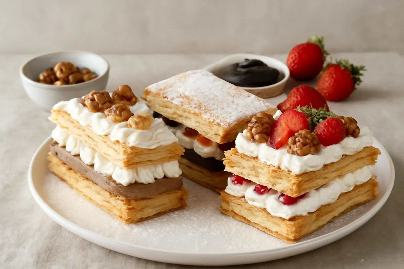 Mille feuille Napoleon in 3 variante – reteta de foietaj cu crema, frisca si fructe