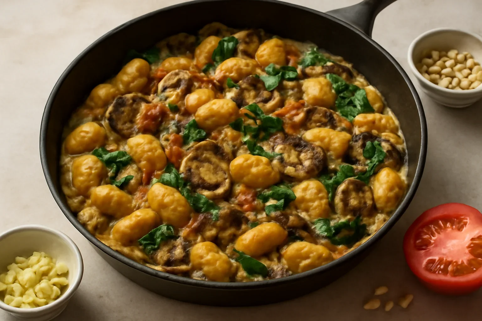 Gnocchi cu ciuperci si spanac la tigaie