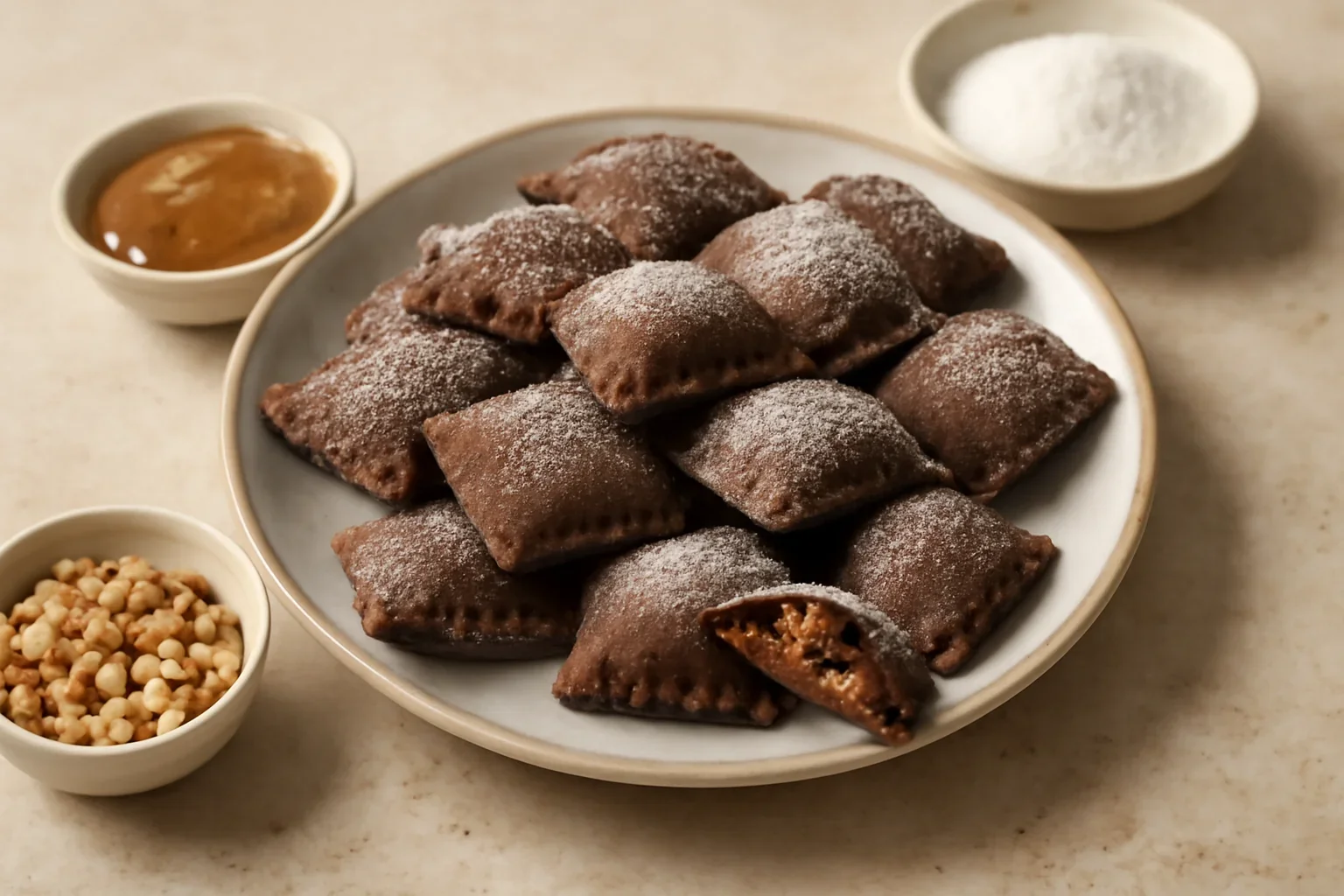 Fursecuri ravioli cu cacao și cremă de caramel sărat cu alune sau nucă – rețeta de pernuțe fragede