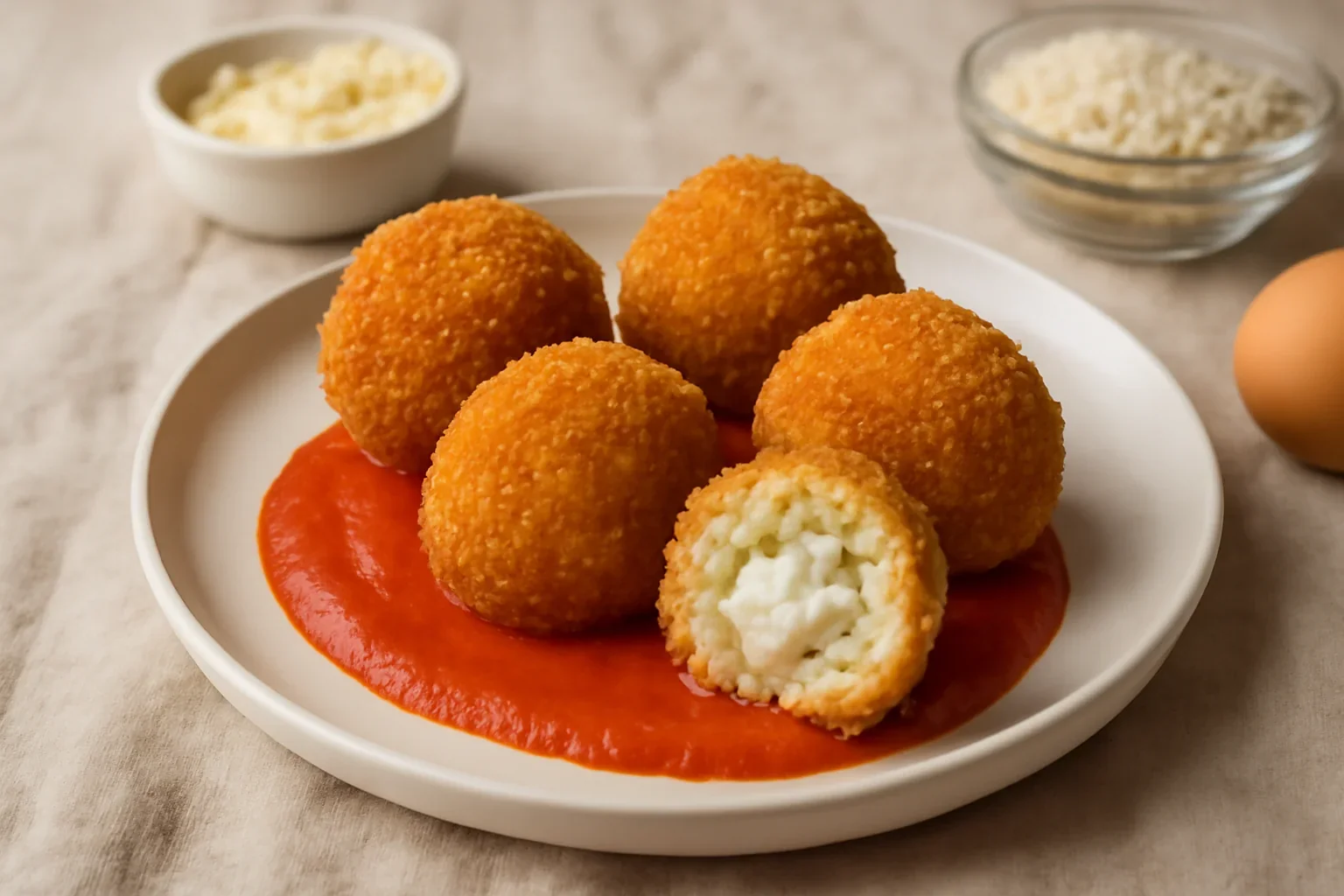 Arancini cu gorgonzola și sos de ardei copt