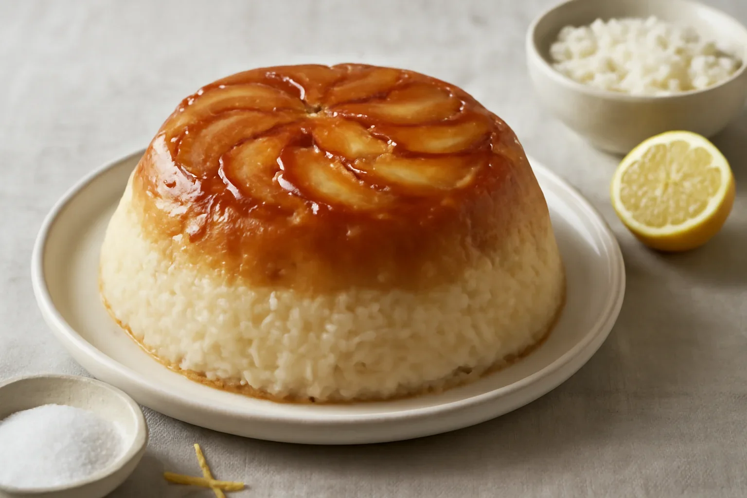 Budincă de orez cu mere caramelizate – răsturnată din formă
